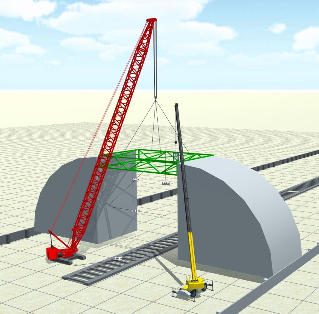 Plan de montaje en 3D Lift Plan — Visualización de equipos y su disposición en el entorno de montaje.